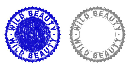 Grunge WILD BEAUTY stamp seals isolated on a white background. Rosette seals with grunge texture in blue and grey colors. Vector rubber stamp imitation of WILD BEAUTY tag inside round rosette.