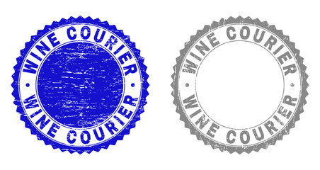 Grunge WINE COURIER stamp seals isolated on a white background. Rosette seals with distress texture in blue and gray colors. Vector rubber stamp imitation of WINE COURIER title inside round rosette.