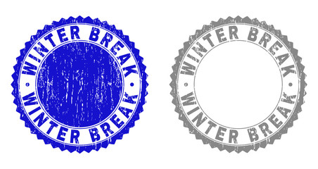 Grunge WINTER BREAK watermarks isolated on a white background. Rosette seals with grunge texture in blue and gray colors. Vector rubber stamp imitation of WINTER BREAK text inside round rosette.