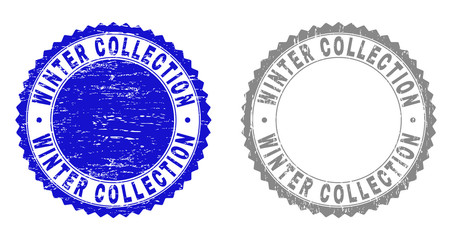 Grunge WINTER COLLECTION stamp seals isolated on a white background. Rosette seals with distress texture in blue and gray colors.