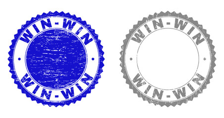 Grunge WIN-WIN stamp seals isolated on a white background. Rosette seals with grunge texture in blue and gray colors. Vector rubber watermark of WIN-WIN label inside round rosette.