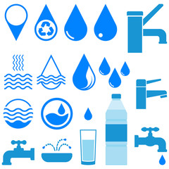 Water logo, icon set. Water drop, waves, faucet, fountain, glass, bottle, water pump, map pointer. Blue. Vector illustration.