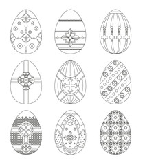 Set of Easter eggs with patterns using different types of crosses. Coloring. Vector