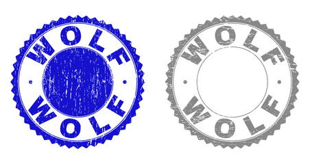 Grunge WOLF stamp seals isolated on a white background. Rosette seals with grunge texture in blue and grey colors. Vector rubber watermark of WOLF text inside round rosette.