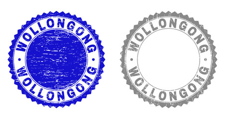 Grunge WOLLONGONG stamp seals isolated on a white background. Rosette seals with grunge texture in blue and grey colors. Vector rubber stamp imprint of WOLLONGONG caption inside round rosette.