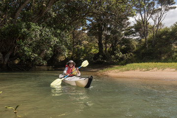 A female, baby boomer kayaking on the Puhoi River, Wenderholm Regional Park, Auckland, New Zealand, on a sunny day.