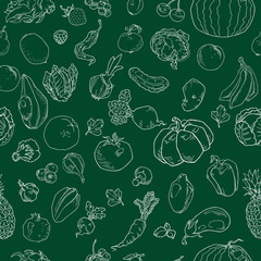 Vegetables and fruits seamless pattern background. Colorful template for cooking, restaurant menu and vegetarian food