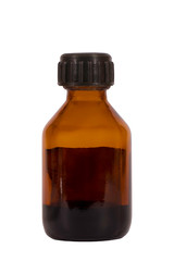 Brown glass bottle with black lid, on white background, isolated