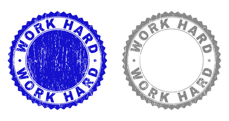Grunge WORK HARD stamp seals isolated on a white background. Rosette seals with grunge texture in blue and grey colors. Vector rubber watermark of WORK HARD text inside round rosette.