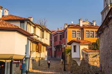 Fototapeta na wymiar Beautiful street in medieval part of the city Plovdiv, Bulgaria