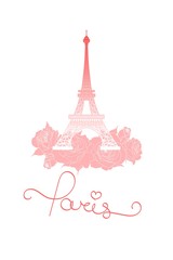 Fototapeta na wymiar Illustration of Eiffel Tower and roses. T-shirt print design