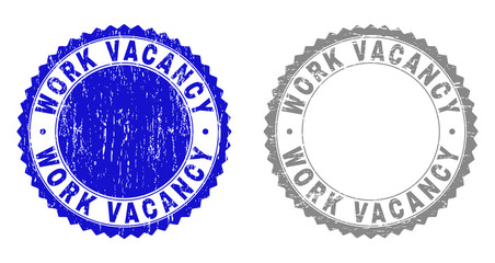 Obraz premium Grunge WORK VACANCY stamp seals isolated on a white background. Rosette seals with grunge texture in blue and grey colors. Vector rubber overlay of WORK VACANCY text inside round rosette.
