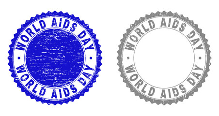 Grunge WORLD AIDS DAY stamp seals isolated on a white background. Rosette seals with grunge texture in blue and grey colors. Vector rubber watermark of WORLD AIDS DAY tag inside round rosette.