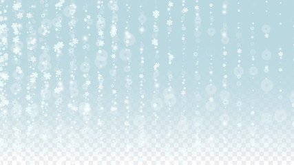 Christmas  Vector Background with White Falling Snowflakes Isolated on Transparent Background. Realistic Snow Sparkle Pattern. Snowfall Overlay Print. Winter Sky. Design for Party Invitation.