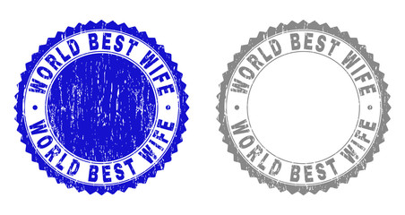 Grunge WORLD BEST WIFE stamp seals isolated on a white background. Rosette seals with distress texture in blue and gray colors.