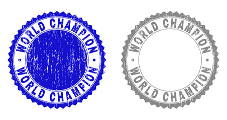 Grunge WORLD CHAMPION stamp seals isolated on a white background. Rosette seals with grunge texture in blue and gray colors. Vector rubber overlay of WORLD CHAMPION label inside round rosette.