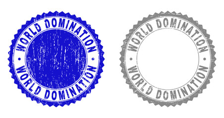 Grunge WORLD DOMINATION stamp seals isolated on a white background. Rosette seals with grunge texture in blue and grey colors. Vector rubber watermark of WORLD DOMINATION text inside round rosette.