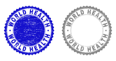 Grunge WORLD HEALTH stamp seals isolated on a white background. Rosette seals with grunge texture in blue and grey colors. Vector rubber stamp imitation of WORLD HEALTH tag inside round rosette.