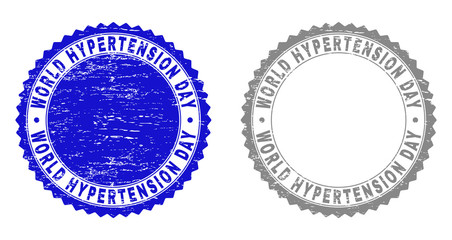 Grunge WORLD HYPERTENSION DAY stamp seals isolated on a white background. Rosette seals with grunge texture in blue and gray colors.