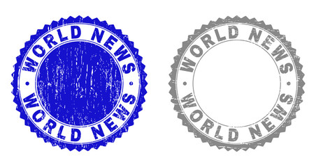 Grunge WORLD NEWS stamp seals isolated on a white background. Rosette seals with grunge texture in blue and grey colors. Vector rubber stamp imitation of WORLD NEWS text inside round rosette.