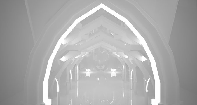 Abstract gothic white interior with neon lighting. 3D illustration and rendering.