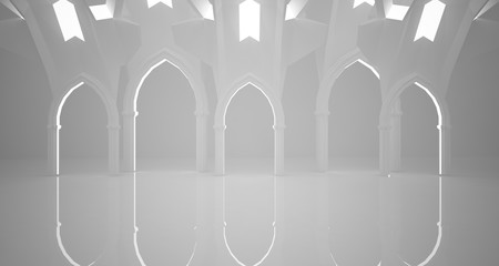 Abstract gothic white interior with neon lighting. 3D illustration and rendering.