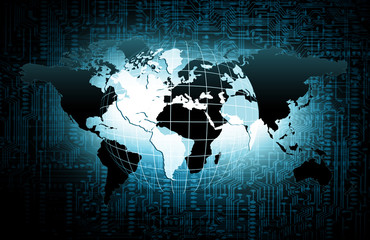 World map on a technological background, glowing lines symbols of the Internet, radio, television, mobile and satellite communications.