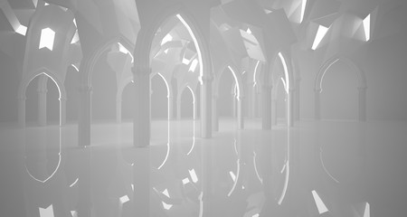 Abstract gothic white interior with neon lighting. 3D illustration and rendering.