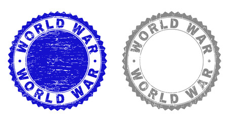 Obraz premium Grunge WORLD WAR stamp seals isolated on a white background. Rosette seals with distress texture in blue and grey colors. Vector rubber overlay of WORLD WAR label inside round rosette.