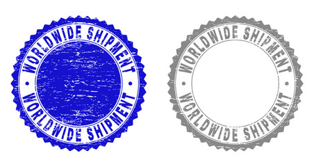 Grunge WORLDWIDE SHIPMENT stamp seals isolated on a white background. Rosette seals with distress texture in blue and grey colors.