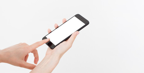 female hand hold mobile phone isolated on white, woman holding phone with empty display,blank screen,touching