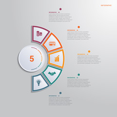 Template for infographics with 5 text area positions. diagram with multi-colored elements of a semicircle around a circle