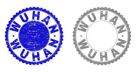 Grunge WUHAN stamp seals isolated on a white background. Rosette seals with grunge texture in blue and grey colors. Vector rubber stamp imitation of WUHAN title inside round rosette.