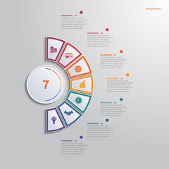 Template for infographics with 7 text area positions. diagram with multi-colored elements of a semicircle around a circle