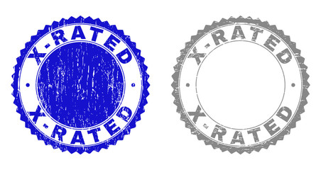 Grunge X-RATED stamp seals isolated on a white background. Rosette seals with grunge texture in blue and gray colors. Vector rubber stamp imprint of X-RATED label inside round rosette.