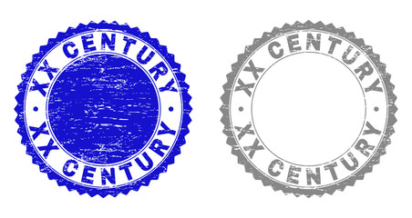 Grunge XX CENTURY stamp seals isolated on a white background. Rosette seals with grunge texture in blue and grey colors. Vector rubber stamp imprint of XX CENTURY caption inside round rosette.
