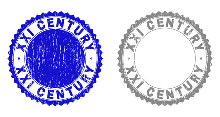Grunge XXI CENTURY stamp seals isolated on a white background. Rosette seals with grunge texture in blue and grey colors. Vector rubber stamp imitation of XXI CENTURY text inside round rosette.