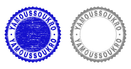 Grunge YAMOUSSOUKRO stamp seals isolated on a white background. Rosette seals with grunge texture in blue and grey colors. Vector rubber stamp imitation of YAMOUSSOUKRO text inside round rosette.