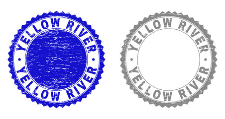 Obraz premium Grunge YELLOW RIVER stamp seals isolated on a white background. Rosette seals with grunge texture in blue and grey colors. Vector rubber stamp imitation of YELLOW RIVER caption inside round rosette.