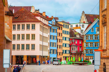 Beautiful cozy street in the city center of Zurich, Switzerland - obrazy, fototapety, plakaty