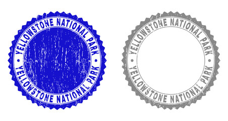 Grunge YELLOWSTONE NATIONAL PARK stamp seals isolated on a white background. Rosette seals with distress texture in blue and grey colors.
