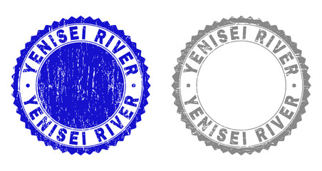 Grunge YENISEI RIVER stamp seals isolated on a white background. Rosette seals with grunge texture in blue and grey colors. Vector rubber stamp imprint of YENISEI RIVER tag inside round rosette.