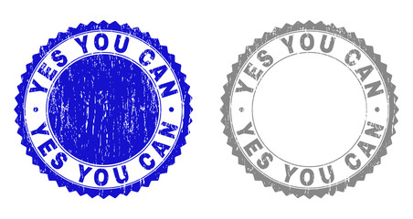 Obraz premium Grunge YES YOU CAN stamp seals isolated on a white background. Rosette seals with grunge texture in blue and grey colors. Vector rubber stamp imprint of YES YOU CAN label inside round rosette.