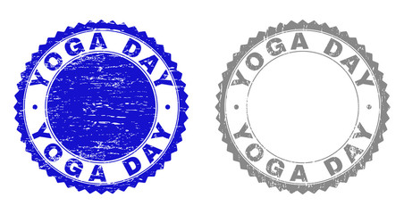 Grunge YOGA DAY stamp seals isolated on a white background. Rosette seals with grunge texture in blue and grey colors. Vector rubber stamp imitation of YOGA DAY label inside round rosette.