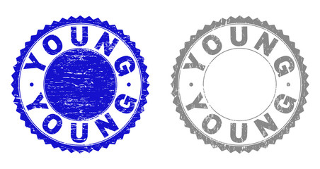 Grunge YOUNG stamp seals isolated on a white background. Rosette seals with grunge texture in blue and grey colors. Vector rubber stamp imprint of YOUNG text inside round rosette.