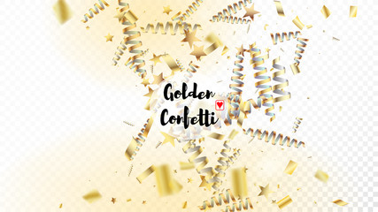 Modern New Year Confetti Realistic Falling Golden Tinsel.  Cool Glamour Christmas, New Year, Birthday Party Holiday Border. Horizontal Stars Stardust Background. New Year Confetti Golden Tinsel