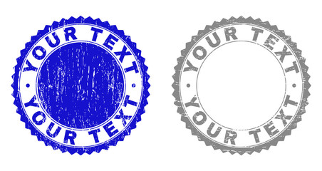 Obraz premium Grunge YOUR TEXT stamp seals isolated on a white background. Rosette seals with grunge texture in blue and grey colors. Vector rubber stamp imprint of YOUR TEXT caption inside round rosette.