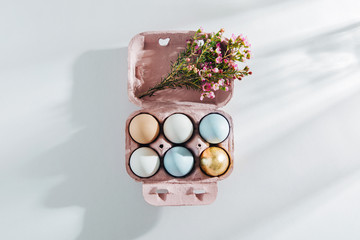 Natural Colored Eggs in egg box decorated with flowers in morning sunlights. Stylish minimal Compositions in pastel colors.  Easter concept.