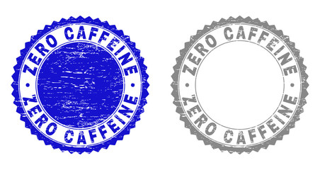 Obraz premium Grunge ZERO CAFFEINE stamp seals isolated on a white background. Rosette seals with grunge texture in blue and grey colors. Vector rubber stamp imitation of ZERO CAFFEINE caption inside round rosette.