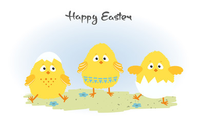 Easter card with cute chickens. Vector poster.